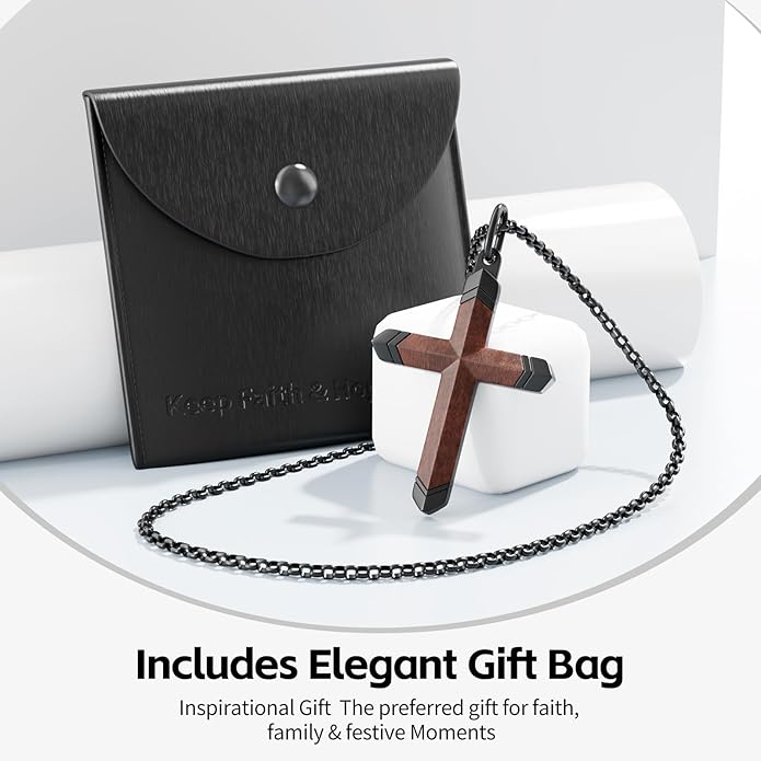 OOTDSE Wooden Cross Necklace for Men and Women 304L Stainless Steel Durable Snag-Free Box Chain with Reinforced Clasp Christian Gift for Dad/Son/Husband/Loves/Friends on Easter/Birthday/Father's Day