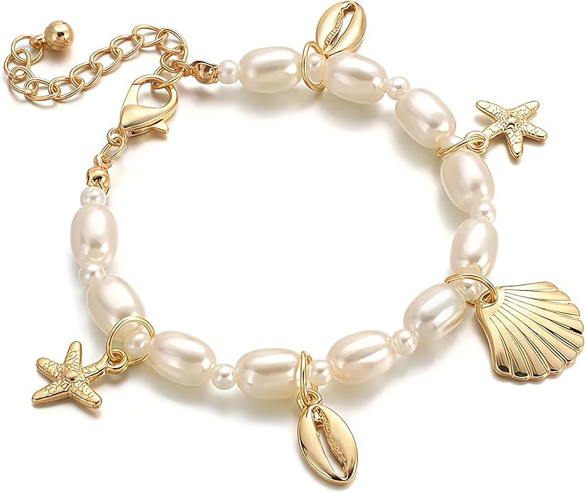 Shell Ankle Bracelet Set for Women, Gold Plated Boho Bead Adjustable Anklet, Hawaiian Beach Seashell Pearl Heart Starfish Conch Foot Jewelry Gifts