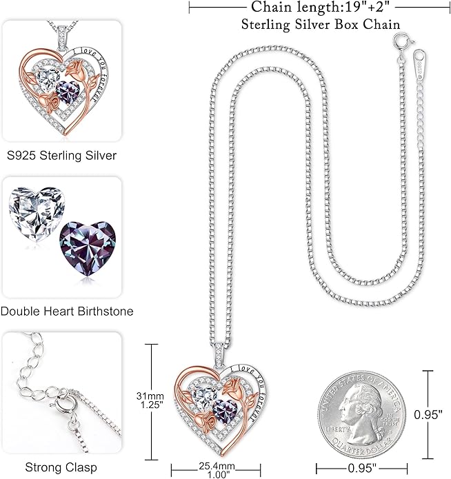 Iefil Birthstone Necklace for Women - Sterling Silver Birthstone Necklace Anniversary Birthday Gifts for Her Wife Mom Daughter