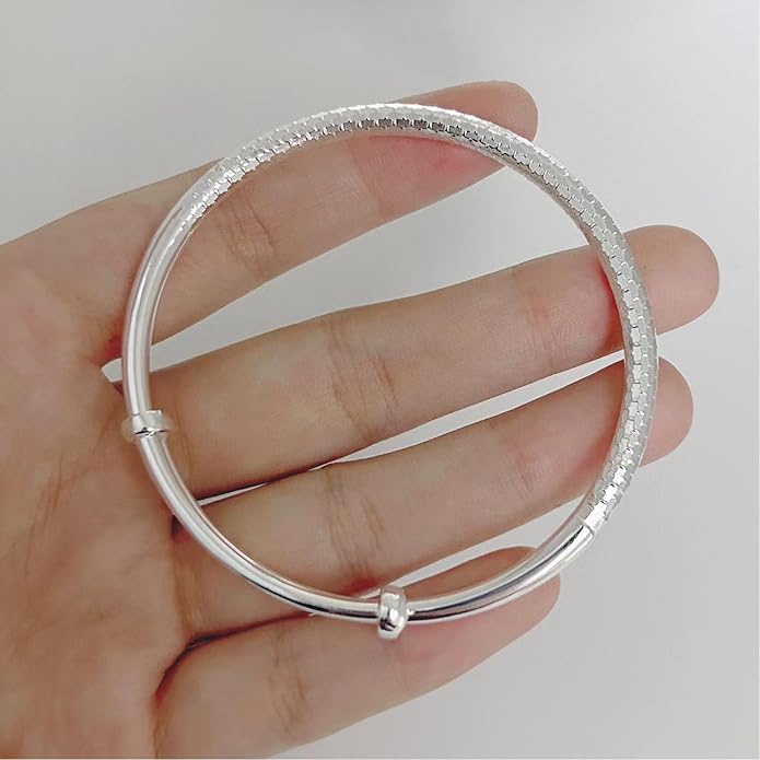 S925 Silver Bangle Bracelet for Women, Elegant Women‘s Sterling Silver Bracelet Bangle Adjustable 6.4-7.8 inches Small Size