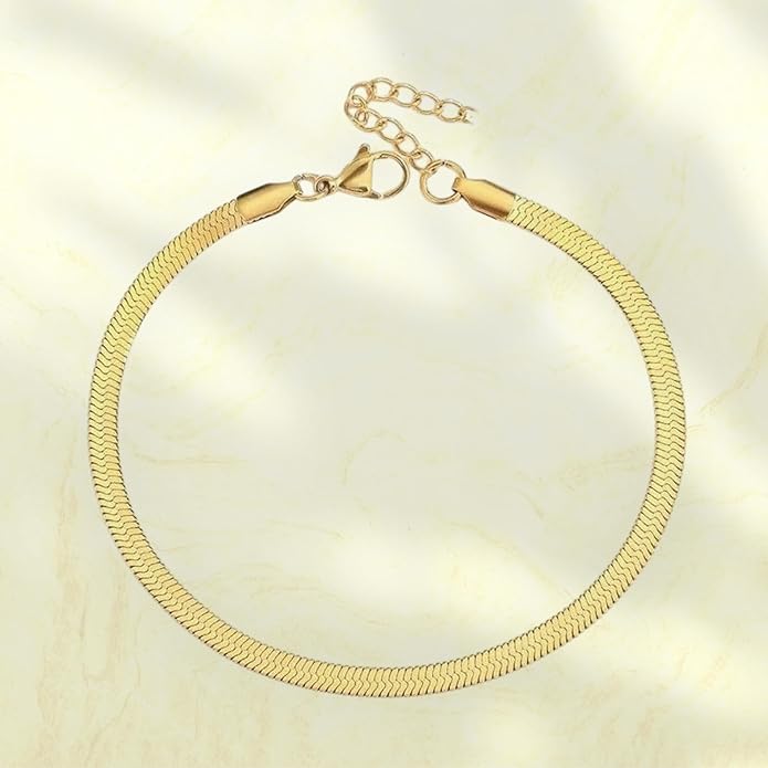 8 Inch Vintage Snake Chain 18k Gold Plated Stainless Steel Anklet Nickel Free Hypoallergenic Waterproof