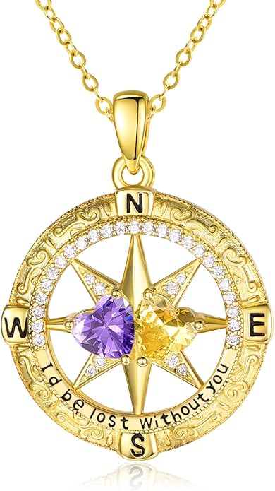 Zeuslia Double Birthstone Necklace Gifts for Wife - 925 Sterling Silver Sunflower/Rose/Crown Cross/Compass/Heart Pendant I Love You Necklace, Anniversary Birthday Gifts for Wife Girlfriend Mom Her