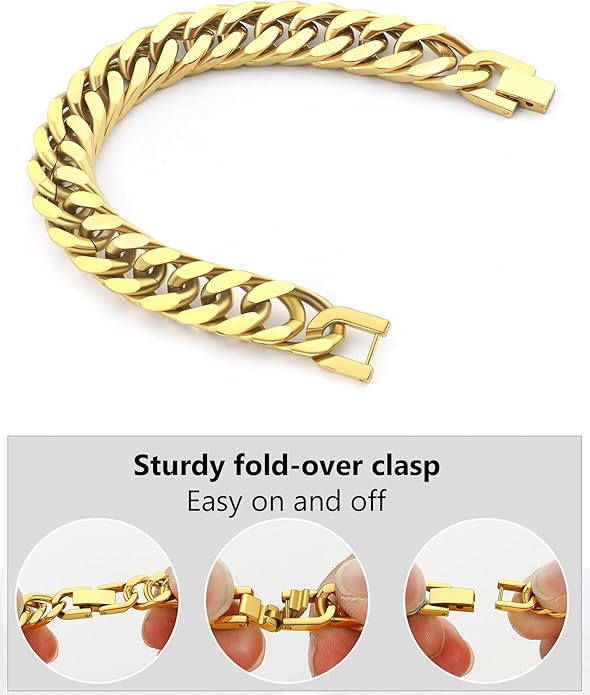 8/12/17mm Wide Cuban Link Bracelet for Men Father Gift 18K Gold/Black Plated Stainless Steel Bracelets 7.4-9 Inches(Gift Wrapped)