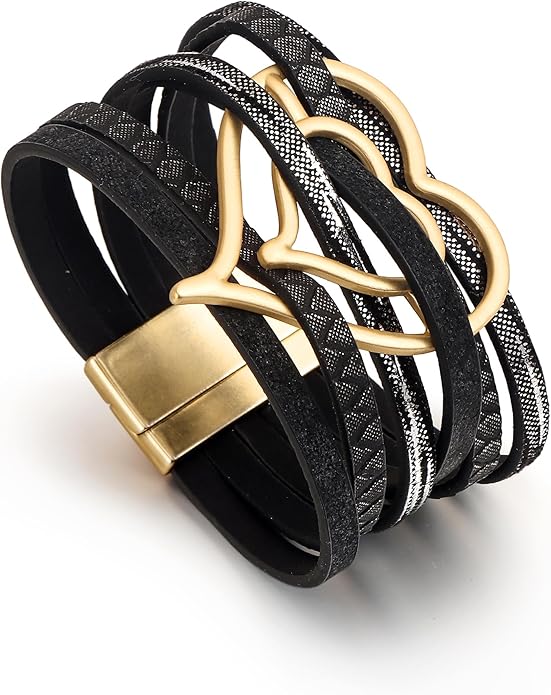 Edoneery Leather Wrap Bracelet for Women, Boho Handmade Multi-Layer Cuff with Crystal Beads Heart, Stackable Bangle Western Jewelry Gift