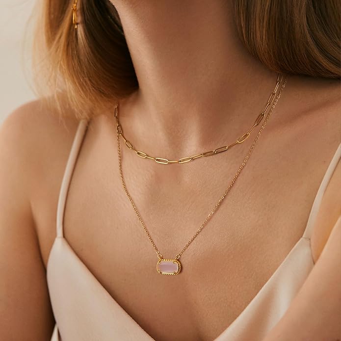 Lourny Gemstone Birthstone Pendant Layered Necklace for Women Trendy, 18K Gold Plated Paperclip Chain Preppy Choker Charm Necklace for Women Wife Jewelry