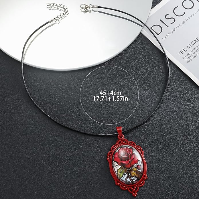 Gothic Rose Glass Necklace for Women Vintage Satan Demon Pendant Halloween Roses Necklaces Dark Punk Style Necklace Victoria Emboss Necklaces Mystic Witch Jewelry Gift Accessories