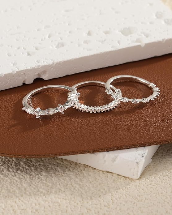 FUNEIA Stackable Silver Gold Rings for Women Non Tarnish 14K Gold Plated Thumb Cubic Zirconia Rings for Women Dainty Pinky Promise Wedding Ring Set Women's Engagement Eternity Band Rings Gold Jewelry