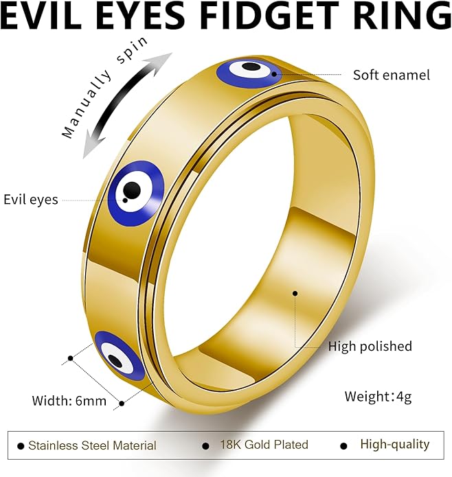 Evil Eye Fidget Ring for Women - 18K Gold Plated Stainless Steel Spinner Rings for Anxiety Relief, Ojo Turco Ring Luck Amulet, Turkish Faith Protection Stackable Jewelry Gift for Women Men