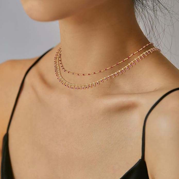 MTMY Beaded Necklaces for Women 14K Gold Plated Dainty Colorful Green/Rose Beaded Pearl Choker Necklace Delicate Boho Choker Necklace Jewelry Gift