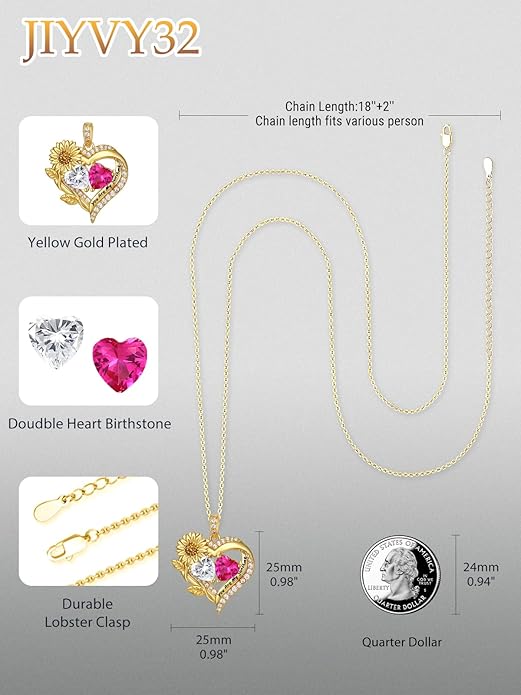Sunflower Heart Necklace for Women 14K Gold Exquisite Anniversary Birthday Gifts for Wife Mother Her Double Birthstone Pendant jewelry‘You Are My Sunshine’
