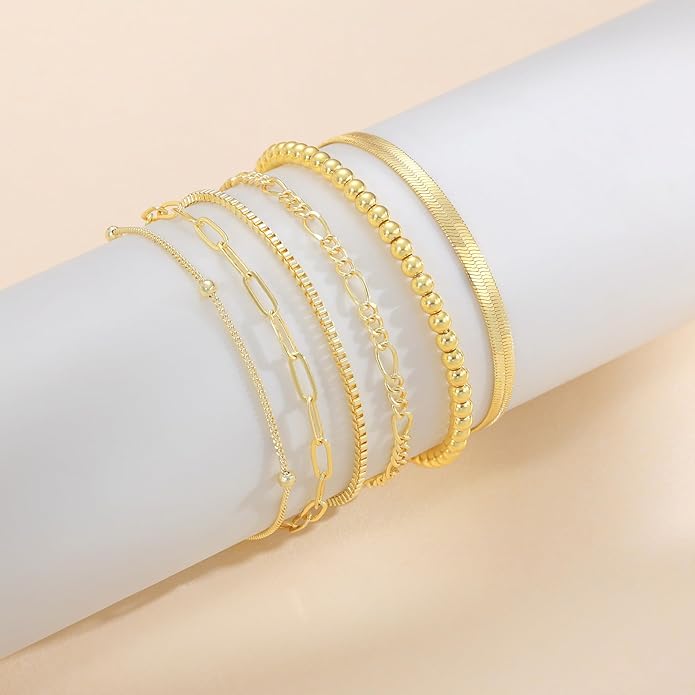 DEARMAY 14K Gold Plated Bracelets for Women Waterproof, Jewelry Sets Trendy Thin Dainty Stackable Cuban Link Paperclip Chain Bracelet Pack Fashion Accessories Gifts for Womens