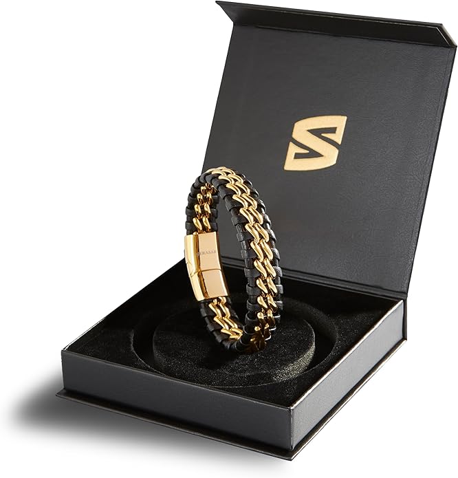 SERASAR | Premium Genuine Leather Bracelet [Steel] for Men in Black | Magnetic Stainless Steel Clasp in Black, Silver and Gold | Exclusive Jewellery Box | Great Gift Idea