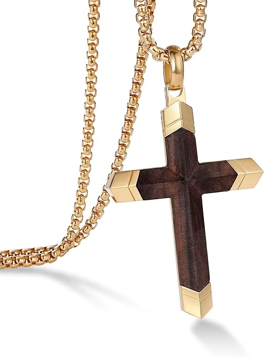 GTMJ Cross Necklace for Men -Stainless Steel & Wood Adjustable Box Chain 24-26in, Spiritual Jewelry Gift for Him, Everyday Wear