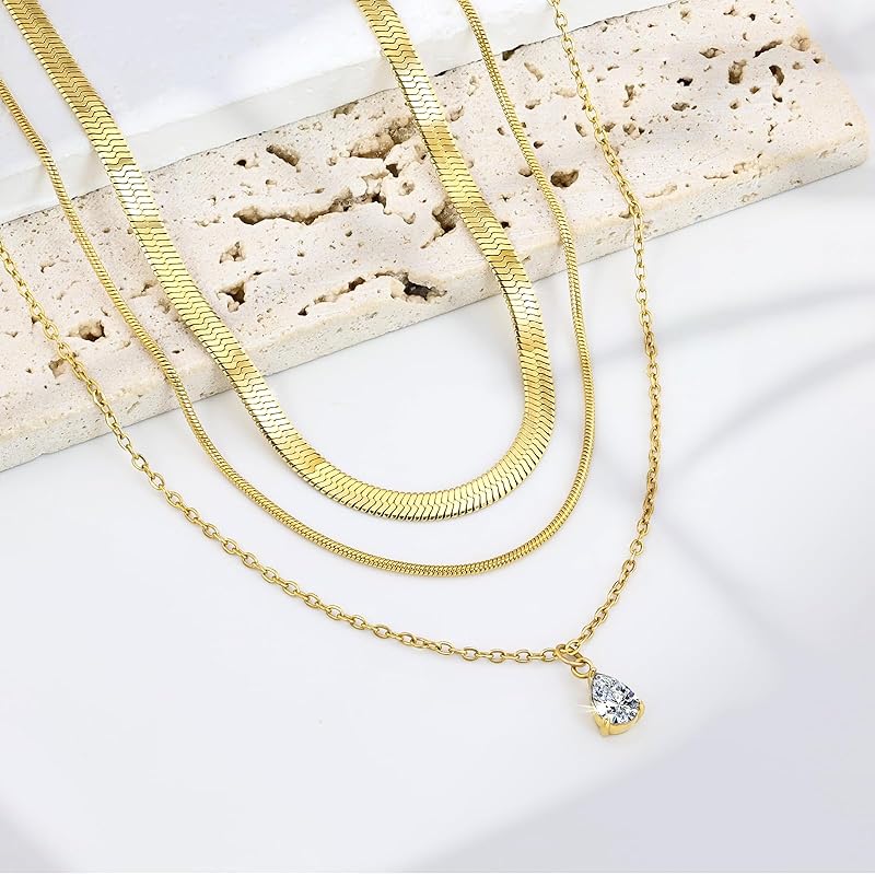 Layered Gold Necklaces for Women,14k Gold Plated Dainty Necklace Stack Set,Non Tarnish Adjustable Stainless Steel Cubic Zirconia Pendant Choker Herringbone Snake Chain Jewelry