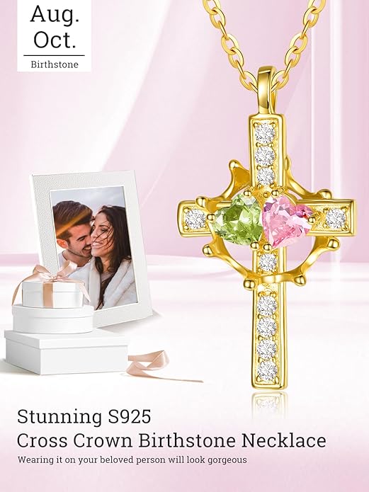 Zeuslia Double Birthstone Necklace Gifts for Wife - 925 Sterling Silver Sunflower/Rose/Crown Cross/Compass/Heart Pendant I Love You Necklace, Anniversary Birthday Gifts for Wife Girlfriend Mom Her