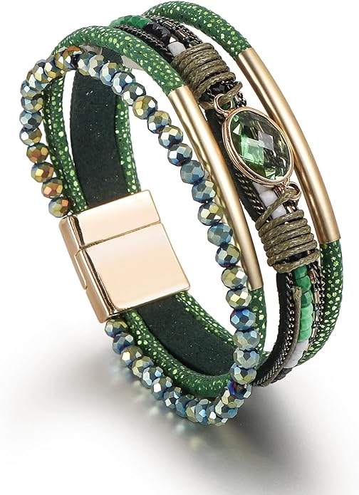 Edoneery Leather Wrap Bracelet for Women, Boho Handmade Multi-Layer Cuff with Crystal Beads Heart, Stackable Bangle Western Jewelry Gift