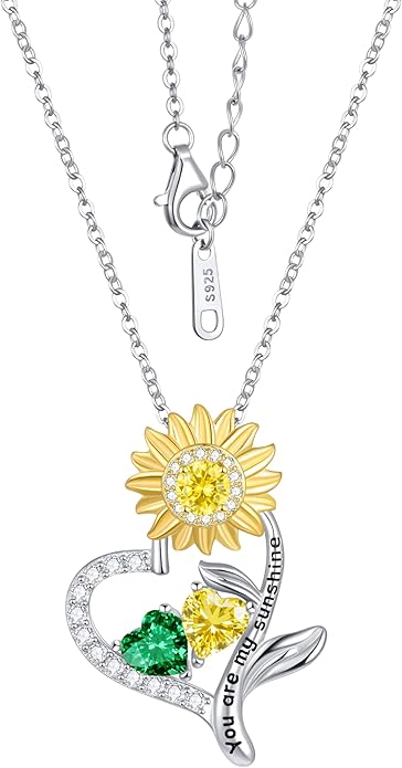 PERJI Valentine's Day Gifts for Women - 925 Sterling Silver Double Birthstone Sunflower Necklace, Anniversary Birthday Jewelry You are My Sunshine Gifts for Wife Couple Girlfriend 18"+2" Non Tarnish