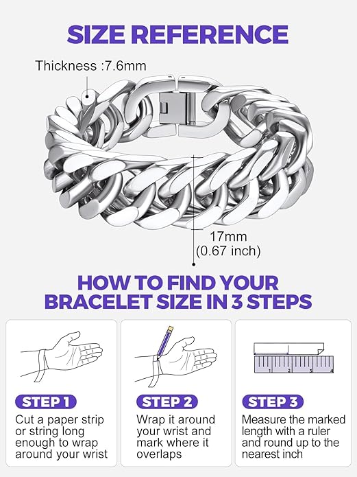 Richsteel Cuban Link Chain Bracelets 8/12/17mm Width Stainless Steel Chain Wrist Bracelets for Men, 7.4/8.2/9 Inch Length Classic Jewelry for Christmas/Valentine's Day/Birthday