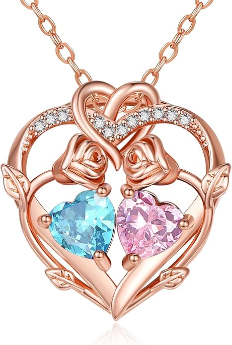 Rose Gold Necklaces for Women Double Birthstone Rose Flower Heart Pendant Necklace Jewelry Anniversary Christmas Valentine's Mother's Day Birthday Gift for Wife Mom Her Girlfriend Sister