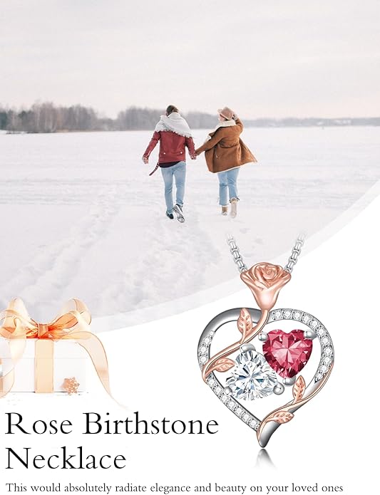 Christmas Gifts for Women Rose Heart Birthstone Pendant Necklace I Love You Forever Jewelry Valentine Mothers Day Birthday Gifts for Women Her Wife Girlfriend