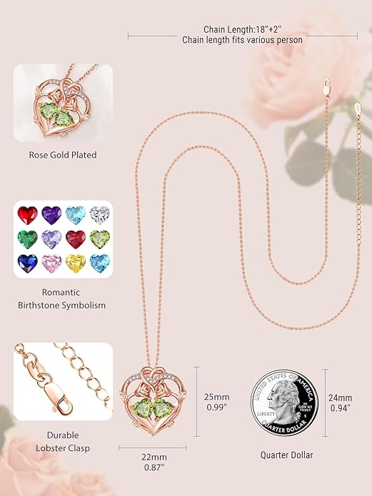Rose Gold Necklaces for Women Double Birthstone Rose Flower Heart Pendant Necklace Jewelry Anniversary Christmas Valentine's Mother's Day Birthday Gift for Wife Mom Her Girlfriend Sister