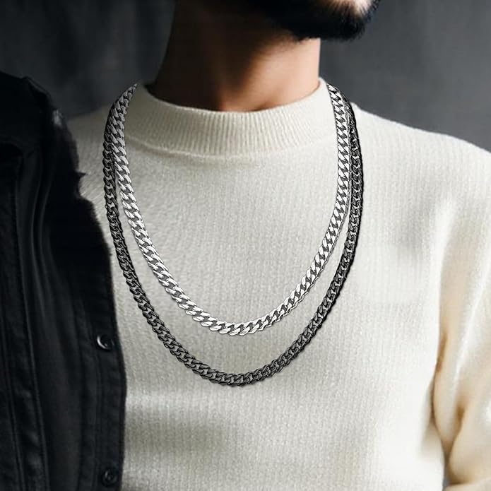 DFUNH 7MM Stainless Steel Mens Cuban Link Chain,Black Metal/925 Sterling Silver Plated Men Chain Necklaces Black/Silver Chain for Men Necklace