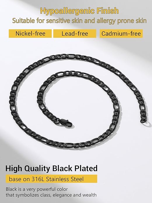 PROSTEEL 316L Stainless Steel Figaro Cuban Chain Necklace for Men, Black/18K Real Gold Plated, 4/5/6/7.5/9/10/13mm, 14inch-30inch, Come with Box