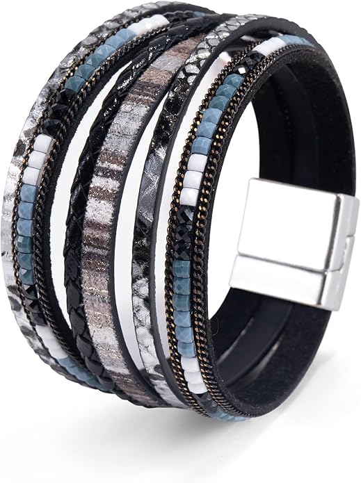 ENGCKSHI Wrapped Bracelets for Women,Leather Bracelet,Boho Bracelets for Women,Multi-Layer Pearl Crystal Bracelet Bangle Jewelry