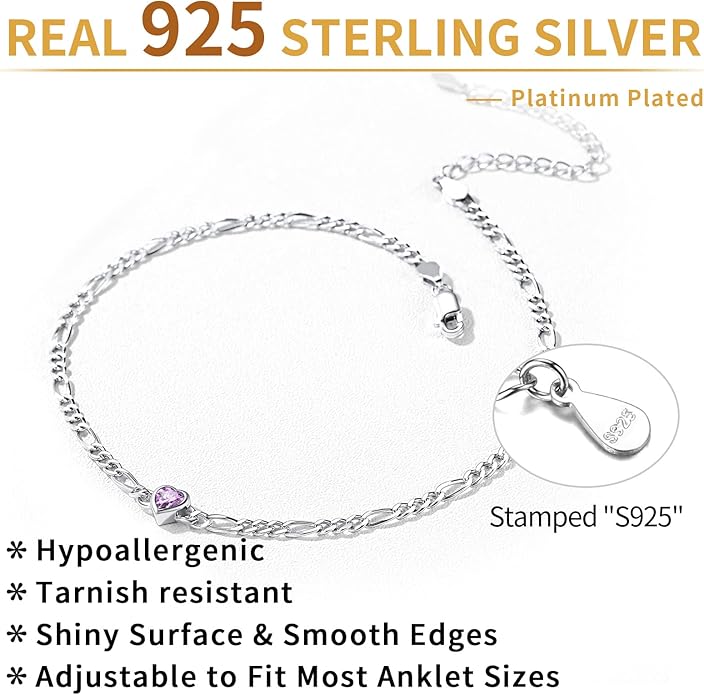 ChicSilver Sterling Silver Anklets Bracelets for Women, Figaro Chain Heart/Round Birthstone Anklet for Women Waterproof, Dainty Herringbone Ankle Bracelet Summer Beach jewelry