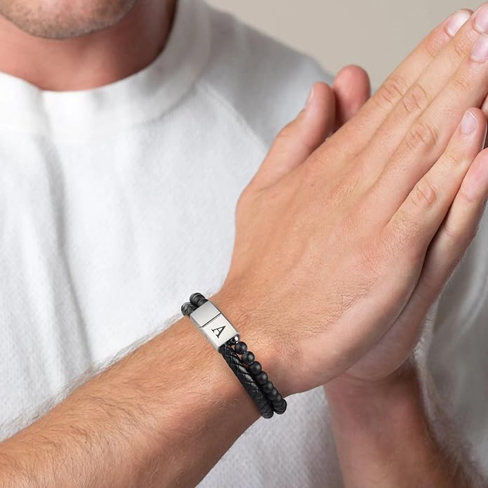 LUXEJEW Gifts for Men - Mens Bracelet, Beaded Leather Initial Bracelet 6mm Matte Agate Stone Handmade Bracelets Adjustable Stainless Steel Magnetic Clasp Mens Jewelry Gifts