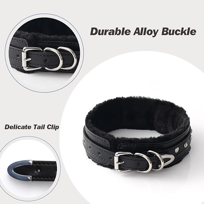 Gothic Punk Choker for Women, Handmade PU Leather Collar with Crystal Rivets Soft Inner Fur Comfortable Necklace