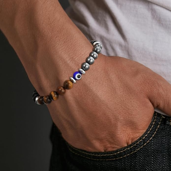 Triple Protection Bracelet for Men, Mens Black Obsidian Hematite Tiger Eye Beaded Natural Stone Evil Eye Bracelet Jewelry Gifts for Birthday Christmas