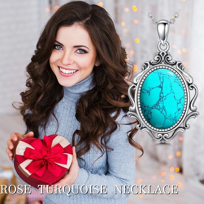 PELOVNY Rose Necklace 925 Sterling Silver Moonstone Turquoise Obsidian Necklace Victorian Cameo Rose Vintage Western Jewelry Christmas Valentines Day Gifts for Women