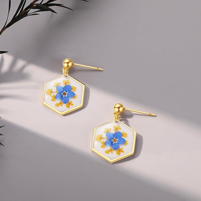 Forget-Me-Not and Queen Anne's Lace Pressed Wildflower Earrings | Pressed Flower Earrings | Handmade Drop and Dangle Earrings | Gift for Woman