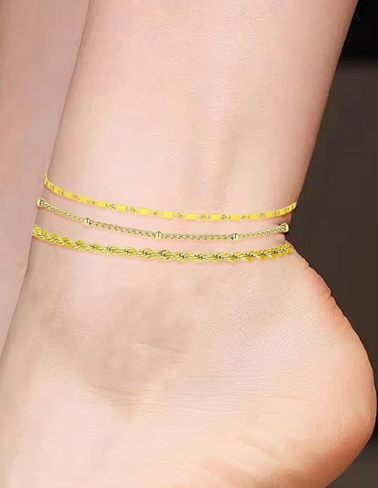 6PCS 18k Gold Plated Stainless Steel Ankle Bracelets for Women Waterproof Layered Herringbone Figaro Bead Paperclip Rope Tennis Box Cuban Link Rolo Satellite Chain Anklets Set Gold Tone