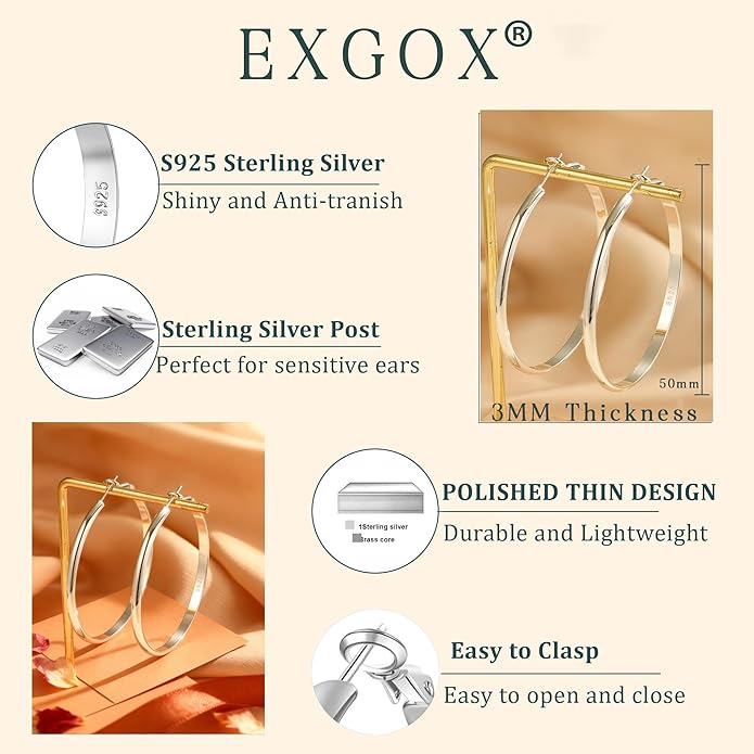 EXGOX 5mm Wide Gold Hoop Earrings for Women,Sterling Silver Hoop Earrings Large Silver Hoop Earrings Hypoallergenic Lightweight 14K Real Gold Plated Big Hoop Earrings for Women 30/40/50/60/70mm