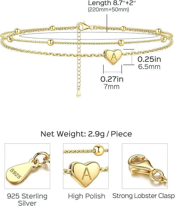 ChicSilver Sterling Silver Anklets for Women 925 Ankle Bracelets for Women Layered Heart Anklet With Beaded Anklets for Women