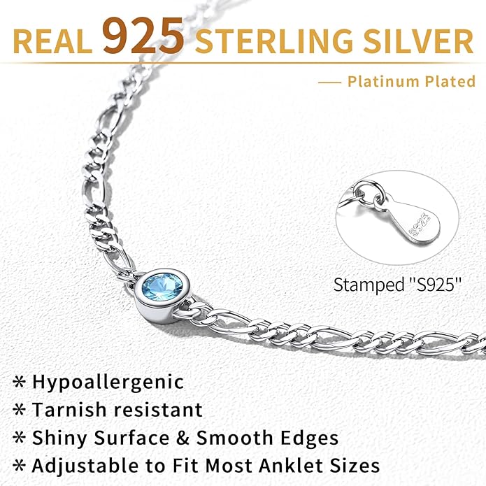 ChicSilver Sterling Silver Anklets Bracelets for Women, Figaro Chain Heart/Round Birthstone Anklet for Women Waterproof, Dainty Herringbone Ankle Bracelet Summer Beach jewelry