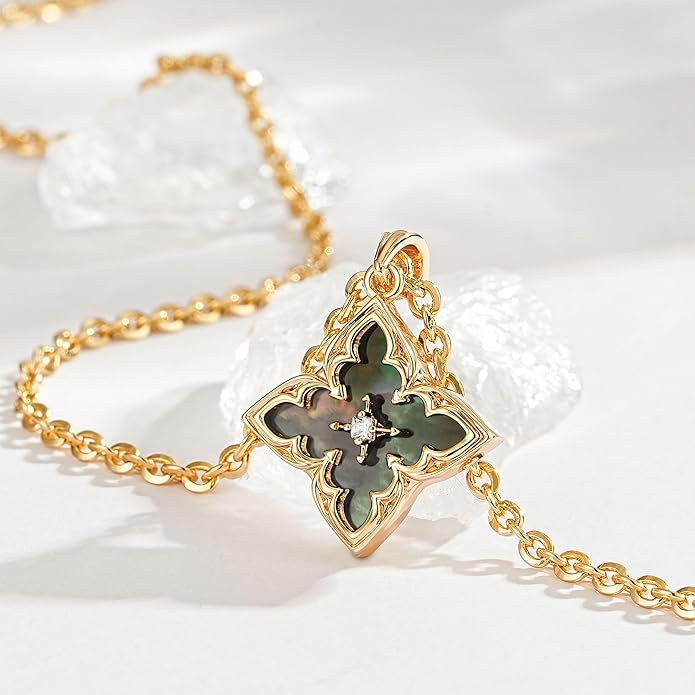 Fettero Gold Clover Necklace for Women Dainty 14K Gold Plated CZ Pendant Necklace Adjustable Chain Choker Charm Colorful Clover Pendant Lucky Necklaces for Women Jewelry