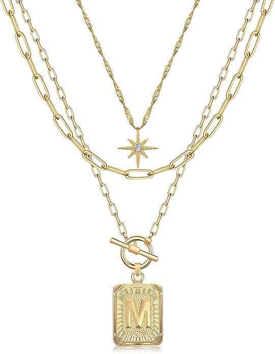 MJartoria Layered Initial Necklaces for Women Trendy, 14K Gold Plated Brass Simple Star Choker Square Letter Pendant Necklace, Paperclip Chain Necklaces Jewelry Gifts