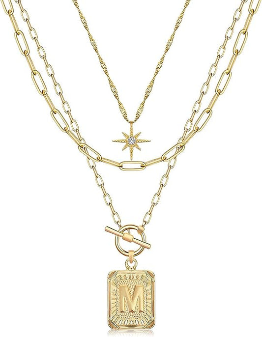 MJartoria Layered Initial Necklaces for Women Trendy, 14K Gold Plated Brass Simple Star Choker Square Letter Pendant Necklace, Paperclip Chain Necklaces Jewelry Gifts