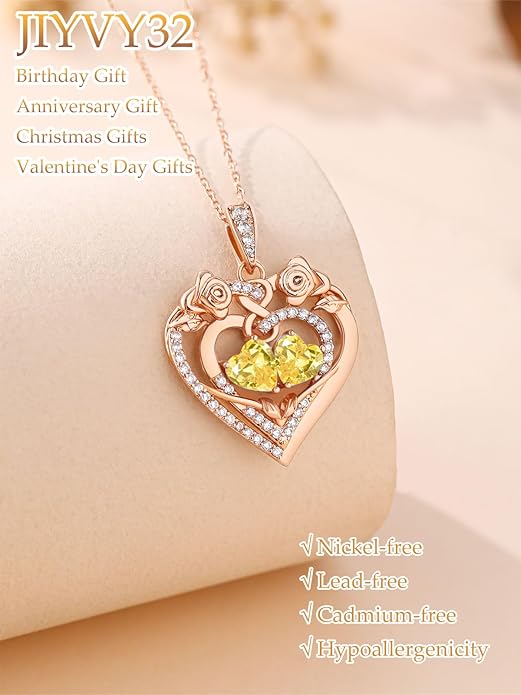 JIYVY32 Rose Heart Necklace for Women Exquisite 925 Sterling Silver Anniversary Birthday Gifts for Wife Mom Her Double Birthstone Pendant Jewelry