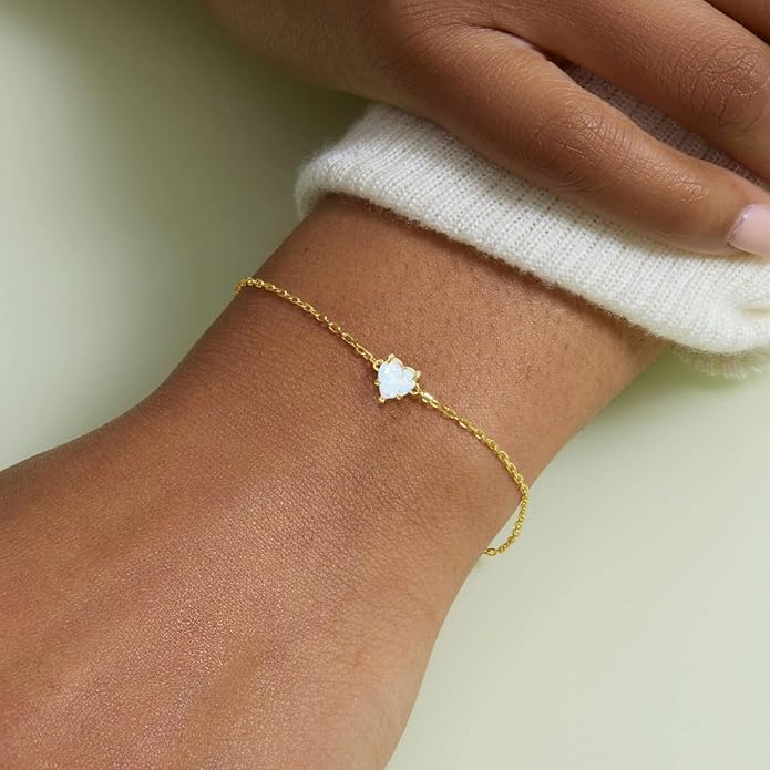 14k Gold Love Heart Gemstone Bracelet for Women,7MM Heart-cut Created Birthstone Anniversary Birthday Mother's Day Bracelets Jewelry for Mom Her 6.5''+2''