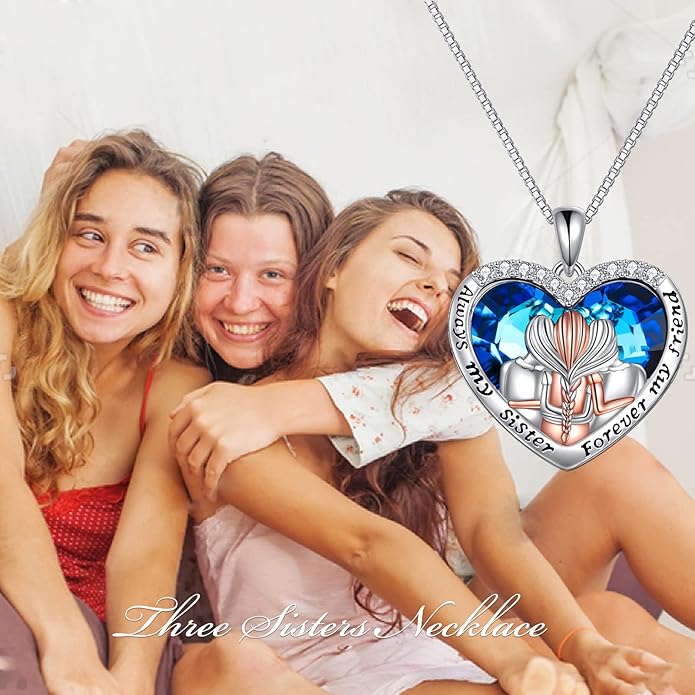 POPKIMI 925 Sterling Silver Sister Necklace - Birthday Gift for Sisters, Mom, Daughter - Always My Sister Forever My Friend Crystal Necklace for 2/3/4/5 Sisters