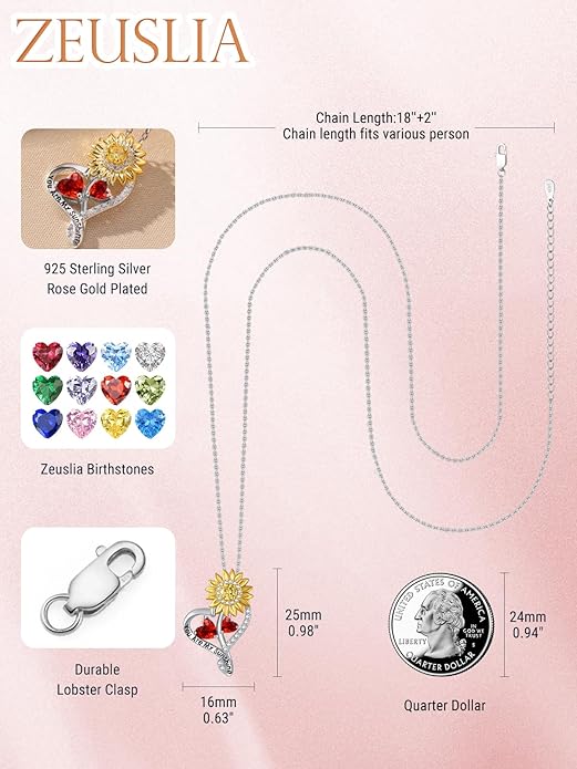 Zeuslia Double Birthstone Necklace Gifts for Wife - 925 Sterling Silver Sunflower/Rose/Crown Cross/Compass/Heart Pendant I Love You Necklace, Anniversary Birthday Gifts for Wife Girlfriend Mom Her