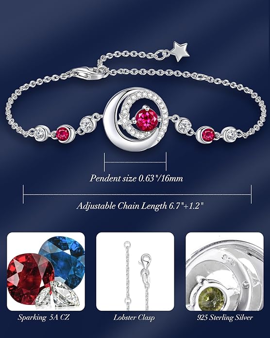 FANCIME Birthstone Bracelets 925 Sterling Silver Moon and Star Bangle Charm Bracelet Fine Jewelry Birthday Anniversary Christmas Day Gift for Her Women, Adjustable Chain 6.7"+1.2" Extend