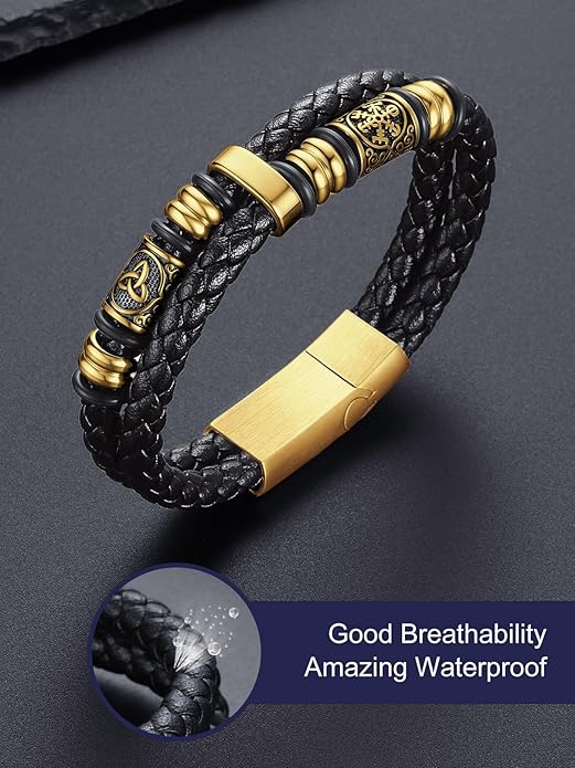 Bandmax Mens Black Double Wax Rope Cuff Bracelets Waterproof Stainless Steel Norse Style Celtic Knot Beads Bracelet Wristband Gift for Men