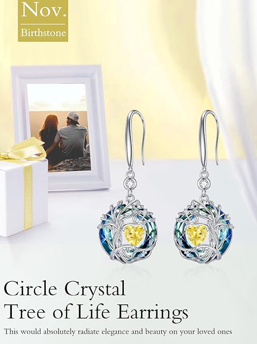 TOUPOP Tree of Life Birthstone Earrings for Women 925 Sterling Silver Family Tree Dangle Earrings Austrian Crystal Jewelry Birthday Christmas Gifts for Her Girlfriend Wife Mom