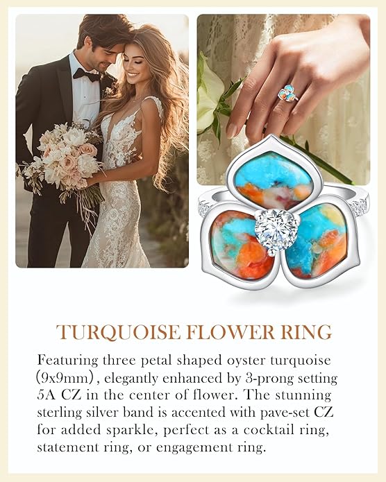 AIBAO Flower Gemstone Rings for Women Three Pental Turquoise/Malachite/Mother of Pearl Flower Ring with Cubic Zirconia Center Sterling Silver Statement Rings Size 6 to 10