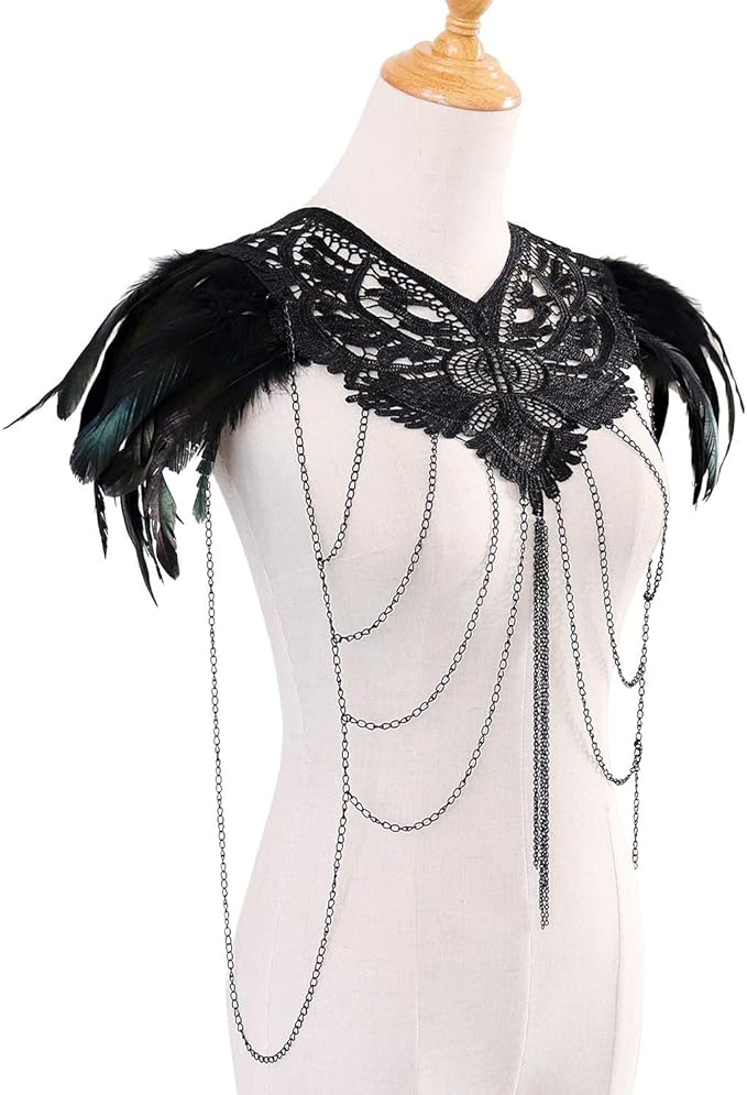 L'VOW Real Black Feather Harness Lace Collar Necklace Bib Halloween